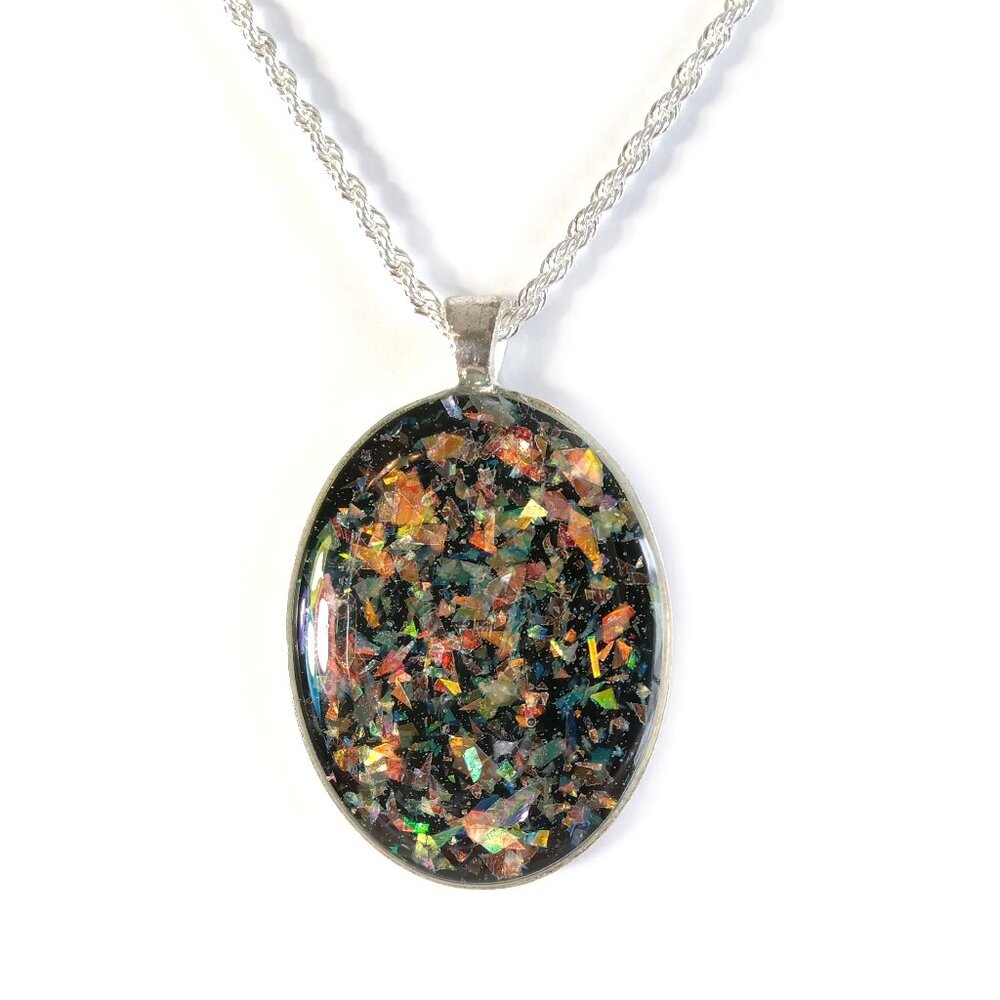Sterling silver black faux opal oval on 20" necklace new handmade resin
